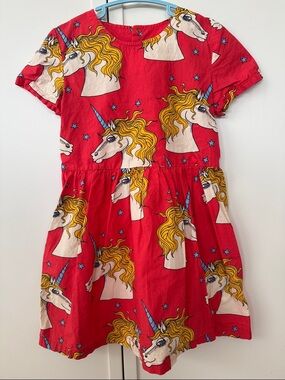 MINI RODINI Girls' Red Unicorn Print Dress - size 5-7